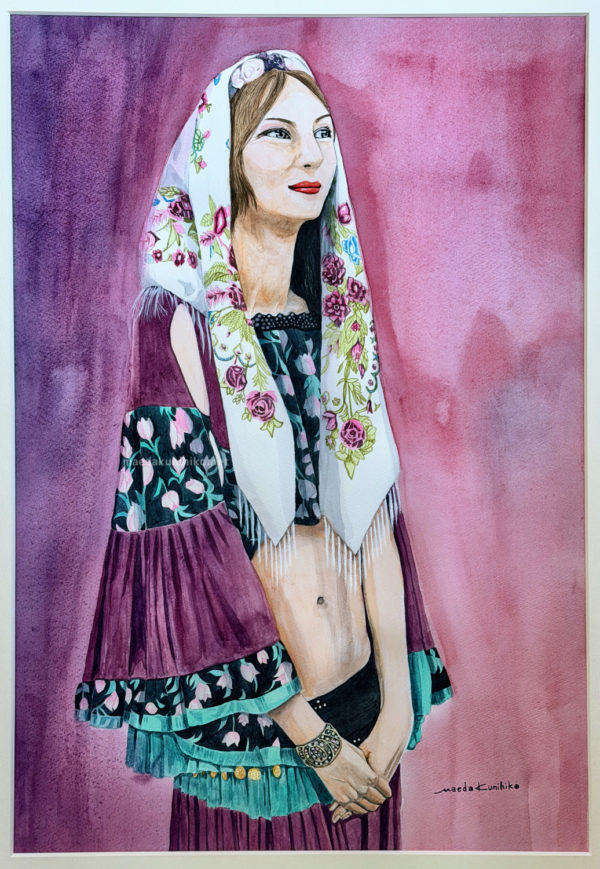 美術家 前田邦彦による水彩画「ウクライナの美」。ウクライナの伝統的な衣装を纏った女性を透明水彩で描いています。